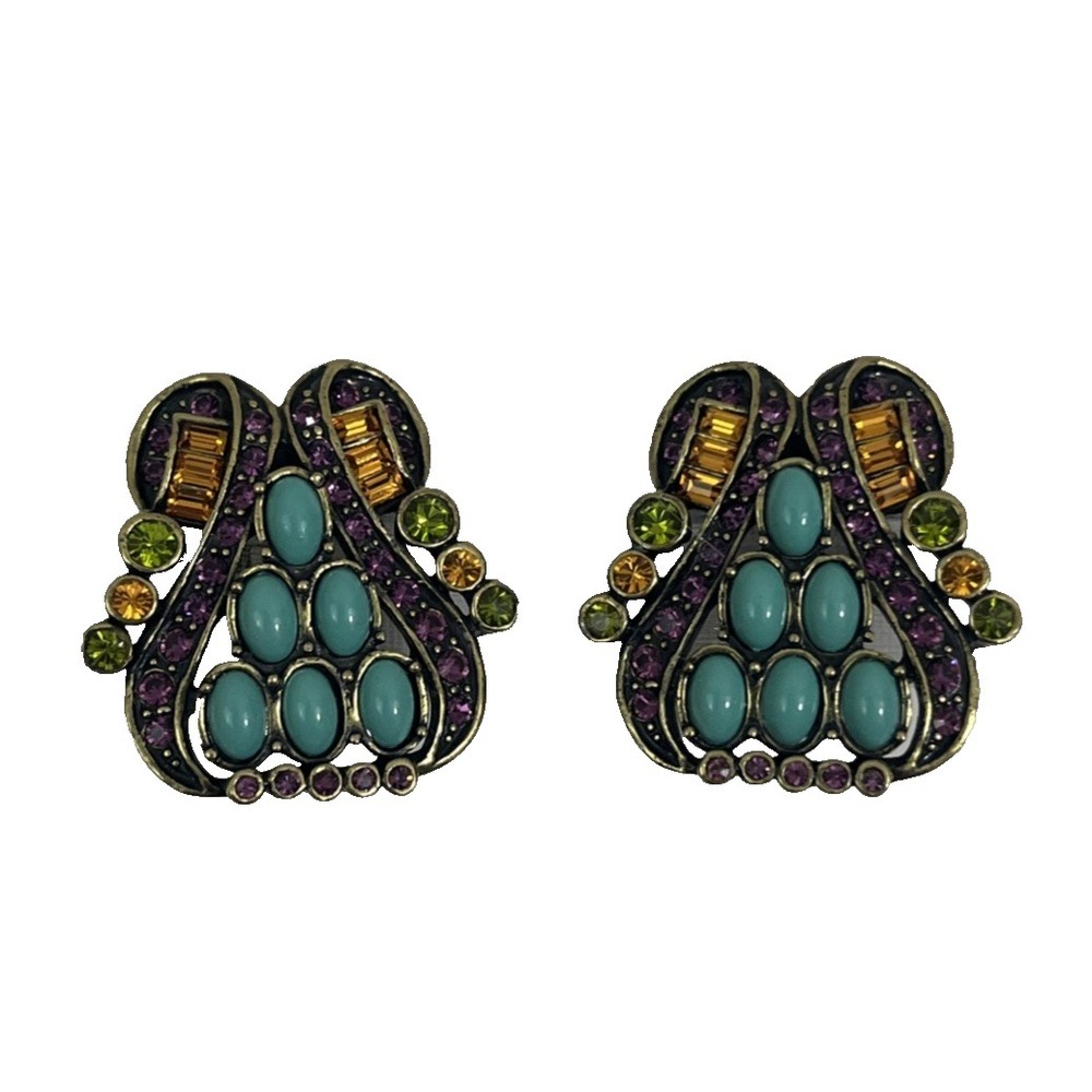 Heidi Daus Owls Clip-On Earrings Crystals Turquoise Purple‎ Gold NEW 1"